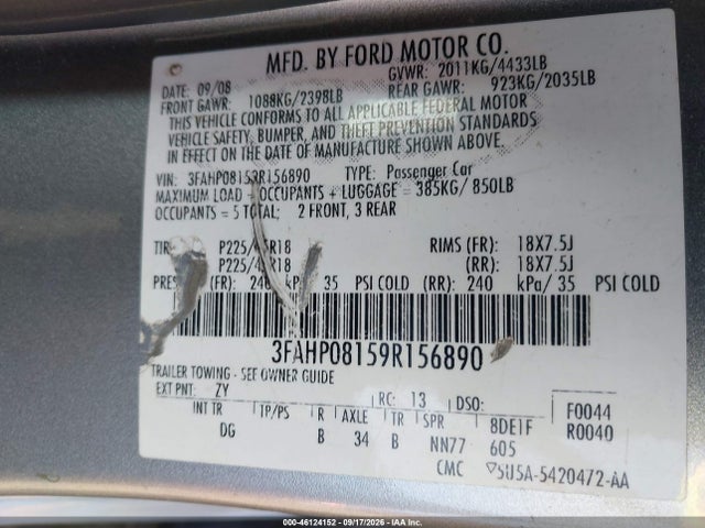 Aukcja sprzedaży 2009 Ford Fusion Sel, vin: 3FAHP08159R156890, numer aukcji: 46124152