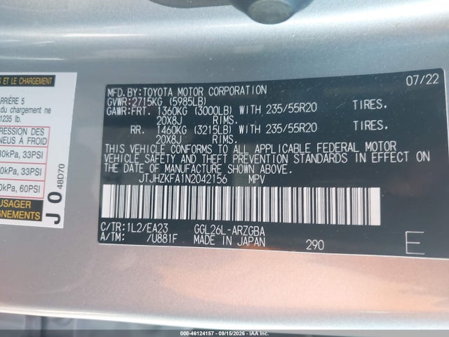46124157 :رقم المزاد ، JTJHZKFA1N2042156 vin ، 2022 Lexus Rx 350l مزاد بيع