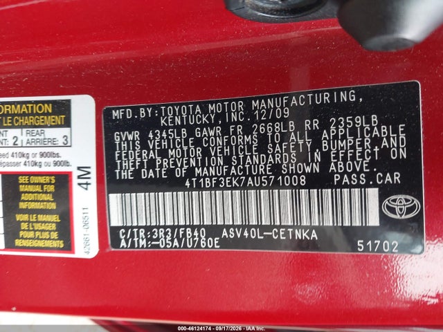 2010 Toyota Camry Le მანქანა იყიდება აუქციონზე, vin: 4T1BF3EK7AU571008, აუქციონის ნომერი: 46124174