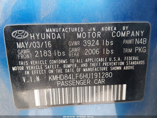 2017 Hyundai Elantra Se მანქანა იყიდება აუქციონზე, vin: KMHD84LF6HU191280, აუქციონის ნომერი: 46124189