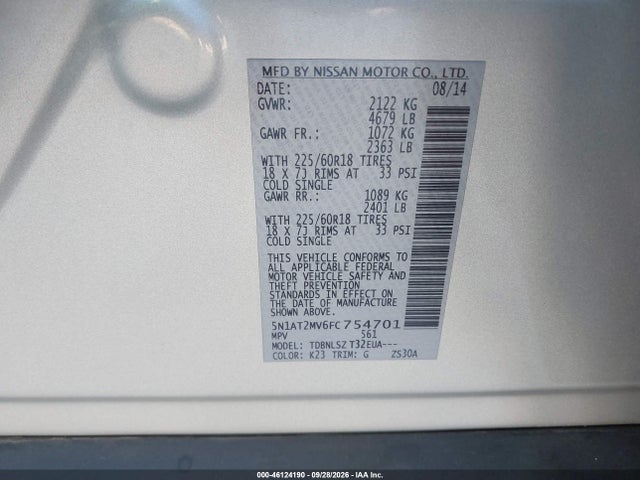 46124190 :رقم المزاد ، 5N1AT2MV6FC754701 vin ، 2015 Nissan Rogue Sl مزاد بيع