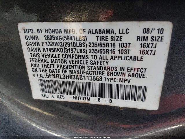 2010 Honda Odyssey Ex-l მანქანა იყიდება აუქციონზე, vin: 5FNRL3H63AB113663, აუქციონის ნომერი: 46124200