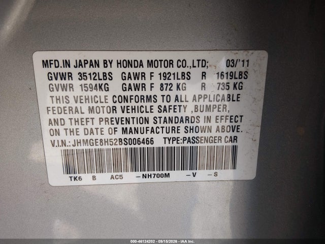 Aukcja sprzedaży 2011 Honda Fit Sport, vin: JHMGE8H52BS006466, numer aukcji: 46124202