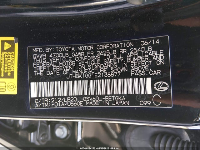 Продаж на аукціоні авто 2014 Lexus Es 350, vin: JTHBK1GG1E2138877, номер лоту: 46124252