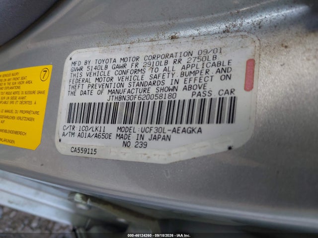 2002 Lexus Ls 430 მანქანა იყიდება აუქციონზე, vin: JTHBN30F620058180, აუქციონის ნომერი: 46124260