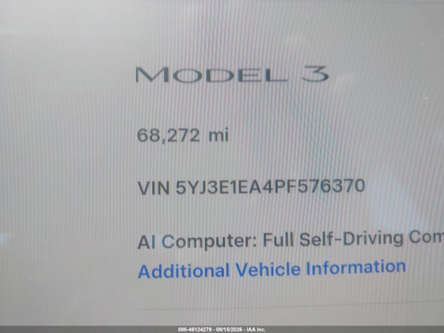 Aukcja sprzedaży 2023 Tesla Model 3 Rear-wheel Drive, vin: 5YJ3E1EA4PF576370, numer aukcji: 46124279