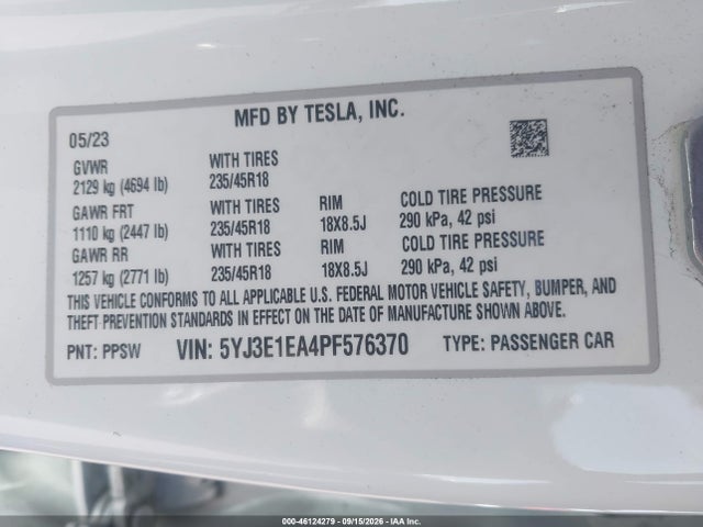 Aukcja sprzedaży 2023 Tesla Model 3 Rear-wheel Drive, vin: 5YJ3E1EA4PF576370, numer aukcji: 46124279