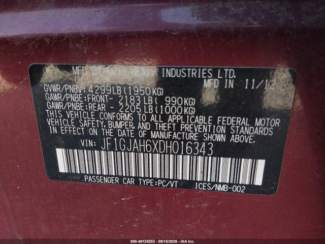 Продаж на аукціоні авто 2013 Subaru Impreza 2.0i Limited, vin: JF1GJAH6XDH016343, номер лоту: 46124282