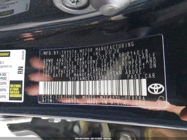 46124294 :رقم المزاد ، 5YFS4MCE1TP274507 vin ، 2026 Toyota Corolla Se مزاد بيع