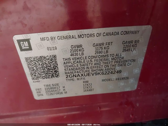 Продаж на аукціоні авто 2019 Chevrolet Equinox Lt, vin: 2GNAXUEV9K6224249, номер лоту: 46124296
