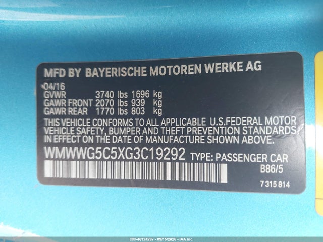 46124297 :رقم المزاد ، WMWWG5C5XG3C19292 vin ، 2016 Mini Convertible Cooper مزاد بيع