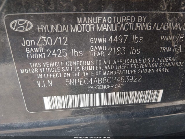 46124298 :رقم المزاد ، 5NPEC4AB8CH463922 vin ، 2012 Hyundai Sonata Limited 2.0t مزاد بيع
