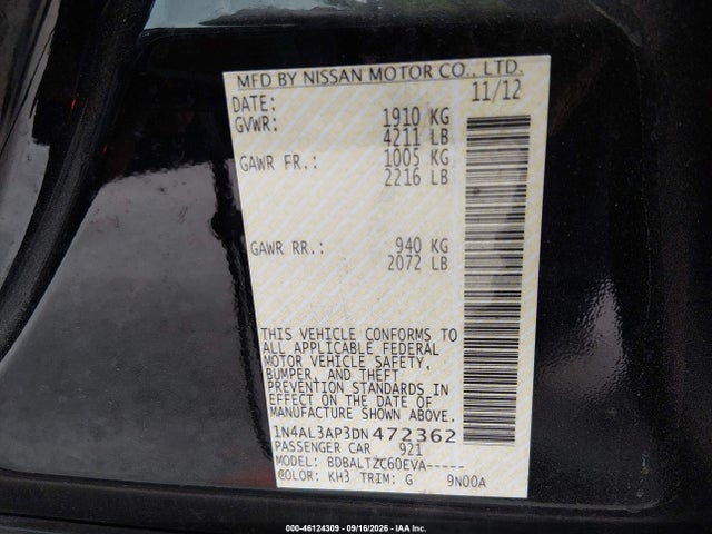 Продаж на аукціоні авто 2013 Nissan Altima 2.5 Sv, vin: 1N4AL3AP3DN472362, номер лоту: 46124309