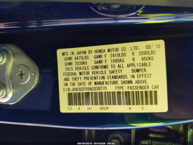2010 Acura Tsx 2.4 მანქანა იყიდება აუქციონზე, vin: JH4CU2F69AC038270, აუქციონის ნომერი: 46124310