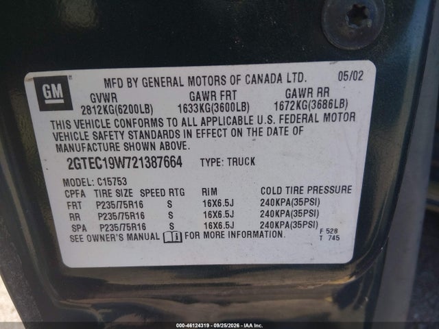 Продаж на аукціоні авто 2002 Gmc Sierra 1500 Standard, vin: 2GTEC19W721387664, номер лоту: 46124319