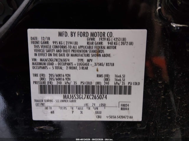 Продаж на аукціоні авто 2019 Ford Ecosport Se, vin: MAJ6S3GL7KC265074, номер лоту: 46124326