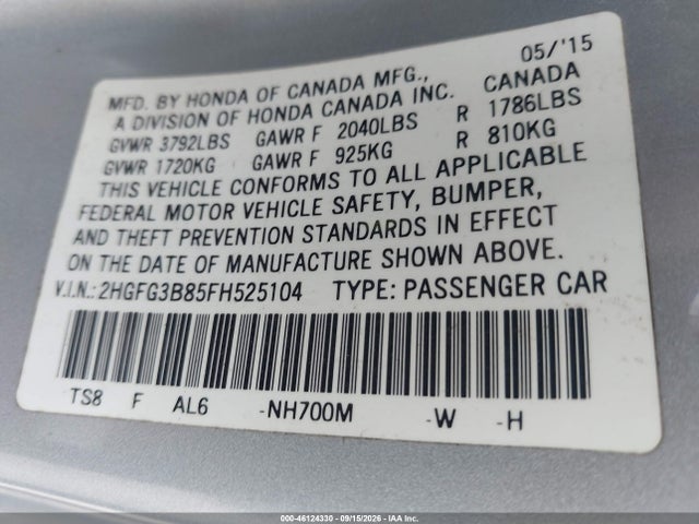 2015 Honda Civic Ex მანქანა იყიდება აუქციონზე, vin: 2HGFG3B85FH525104, აუქციონის ნომერი: 46124330