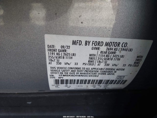 46124331 :رقم المزاد ، 1FMSK8DH8NGC45382 vin ، 2022 Ford Explorer Xlt مزاد بيع
