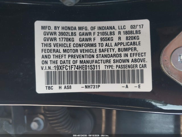 Продажа на аукционе авто 2017 Honda Civic Ex-l, vin: 19XFC1F74HE015311, номер лота: 46124338