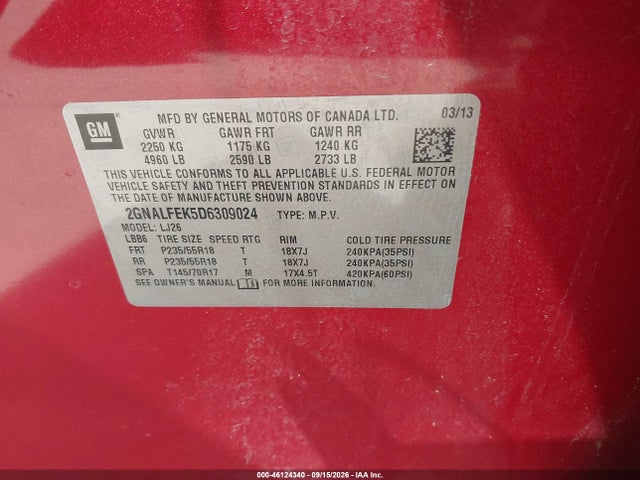 46124340 :رقم المزاد ، 2GNALFEK5D6309024 vin ، 2013 Chevrolet Equinox Ltz مزاد بيع