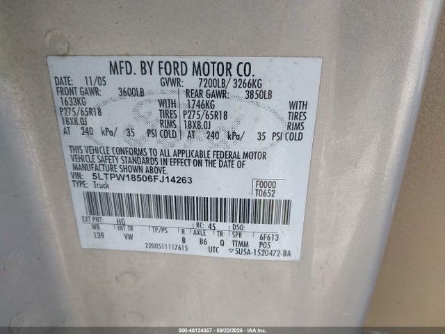 46124357 :رقم المزاد ، 5LTPW18506FJ14263 vin ، 2006 Lincoln Mark Lt مزاد بيع