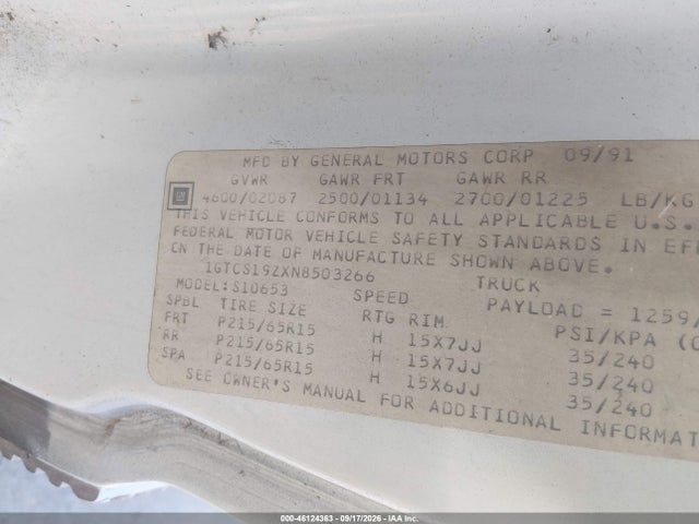 Продаж на аукціоні авто 1992 Gmc Sonoma, vin: 1GTCS19ZXN8503266, номер лоту: 46124363