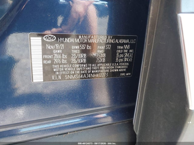Продажа на аукционе авто 2022 Hyundai Santa Fe Sel, vin: 5NMS64AJ4NH412273, номер лота: 46124373