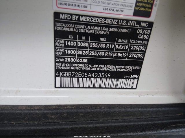 Auction sale of the 2008 Mercedes-benz Ml 550 4matic, vin: 4JGBB72E08A423568, lot number: 46124392