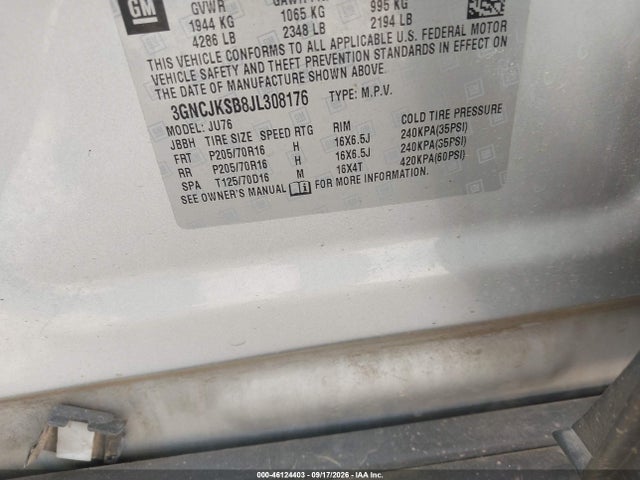 Aukcja sprzedaży 2018 Chevrolet Trax Ls, vin: 3GNCJKSB8JL308176, numer aukcji: 46124403