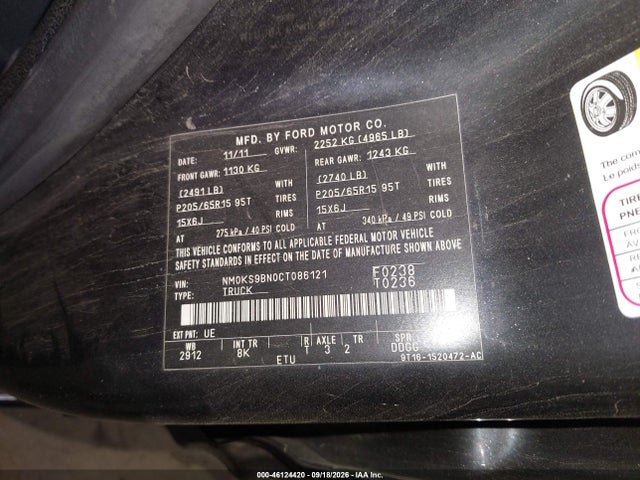 Продаж на аукціоні авто 2012 Ford Transit Connect Xlt, vin: NM0KS9BN0CT086121, номер лоту: 46124420
