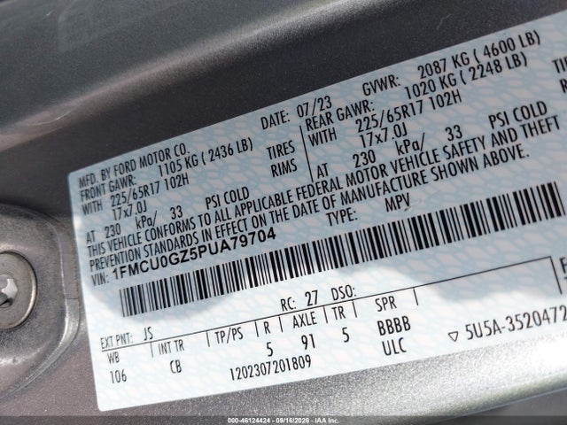 Продажа на аукционе авто 2023 Ford Escape Active, vin: 1FMCU0GZ5PUA79704, номер лота: 46124424