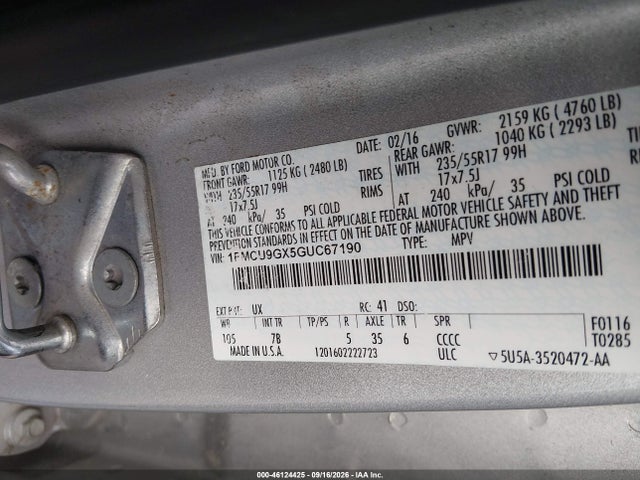Auction sale of the 2016 Ford Escape Se, vin: 1FMCU9GX5GUC67190, lot number: 46124425