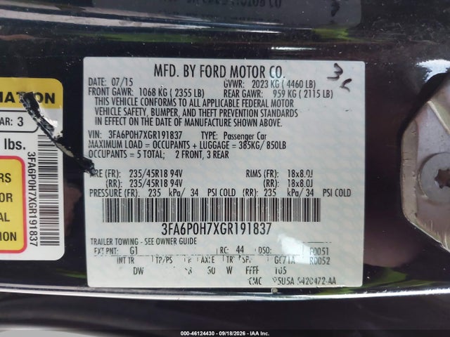 46124430 :رقم المزاد ، 3FA6P0H7XGR191837 vin ، 2016 Ford Fusion Se مزاد بيع