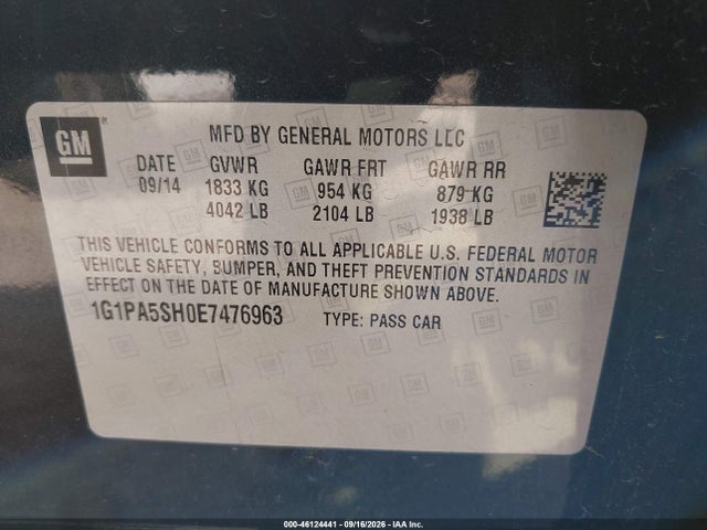 Aukcja sprzedaży 2014 Chevrolet Cruze Ls Auto, vin: 1G1PA5SH0E7476963, numer aukcji: 46124441