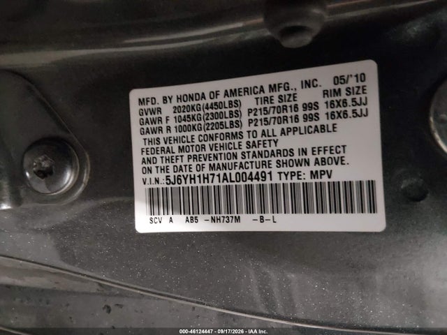 Продаж на аукціоні авто 2010 Honda Element Ex, vin: 5J6YH1H71AL004491, номер лоту: 46124447