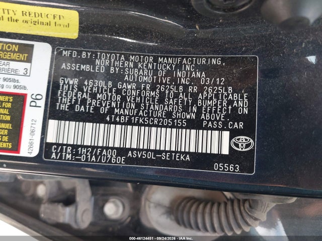 2012 Toyota Camry L მანქანა იყიდება აუქციონზე, vin: 4T4BF1FK5CR205155, აუქციონის ნომერი: 46124451
