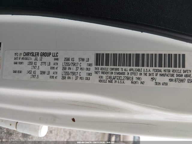 2012 Jeep Wrangler Unlimited Rubicon მანქანა იყიდება აუქციონზე, vin: 1C4BJWFG3CL278018, აუქციონის ნომერი: 46124476