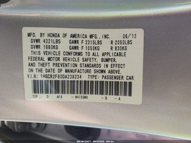 2013 Honda Accord Ex-l მანქანა იყიდება აუქციონზე, vin: 1HGCR2F80DA238234, აუქციონის ნომერი: 46124477