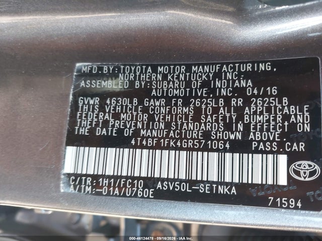 Aukcja sprzedaży 2016 Toyota Camry Le, vin: 4T4BF1FK4GR571064, numer aukcji: 46124478