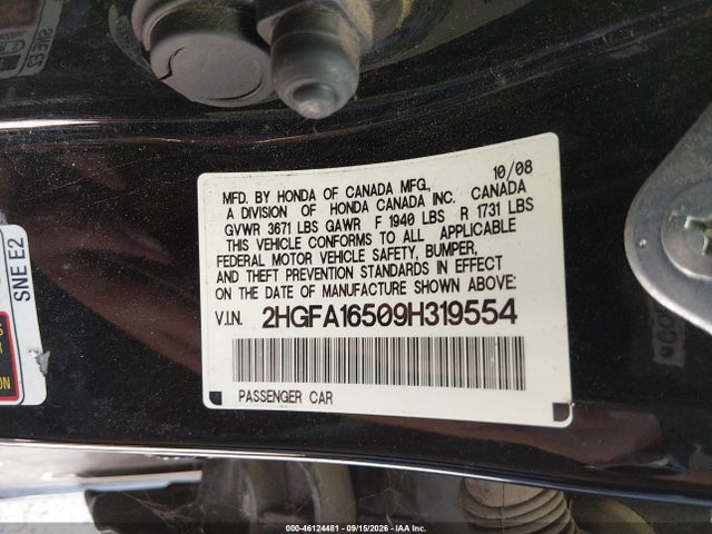 Aukcja sprzedaży 2009 Honda Civic Lx, vin: 2HGFA16509H319554, numer aukcji: 46124481
