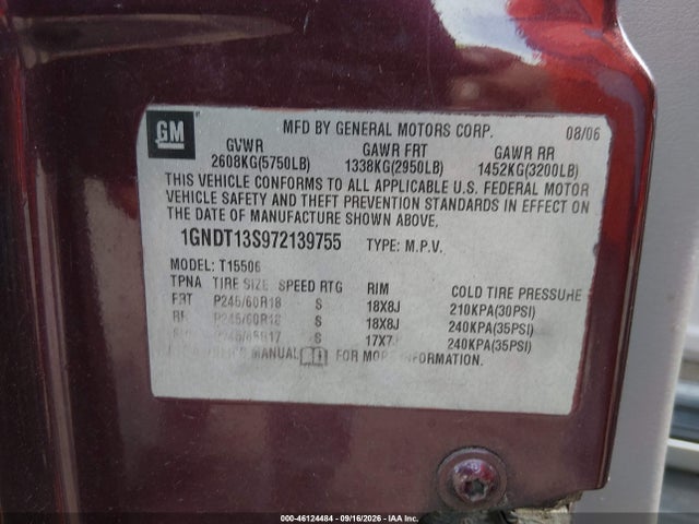 Продаж на аукціоні авто 2007 Chevrolet Trailblazer Lt, vin: 1GNDT13S972139755, номер лоту: 46124484