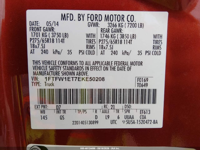 2014 Ford F-150 Xlt მანქანა იყიდება აუქციონზე, vin: 1FTFW1ET7EKE50208, აუქციონის ნომერი: 46124496