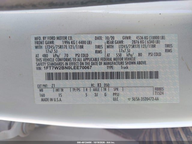 2020 Ford F-250 Xl მანქანა იყიდება აუქციონზე, vin: 1FT7W2BN0LEE70067, აუქციონის ნომერი: 46124498