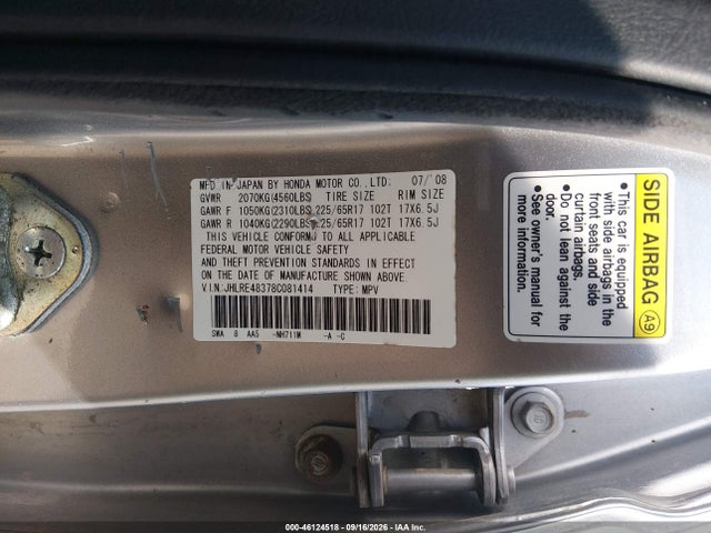 Aukcja sprzedaży 2008 Honda Cr-v Lx, vin: JHLRE48378C081414, numer aukcji: 46124518