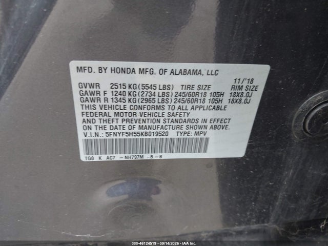 Продажа на аукционе авто 2019 Honda Pilot Ex-l, vin: 5FNYF5H55KB019520, номер лота: 46124519