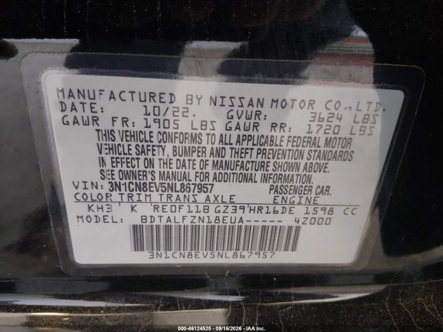 2022 Nissan Versa 1.6 Sv Xtronic Cvt მანქანა იყიდება აუქციონზე, vin: 3N1CN8EV5NL867957, აუქციონის ნომერი: 46124525