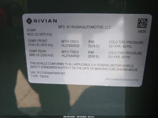 46124527 :رقم المزاد ، 7FCTGFAA4TN047391 vin ، 2026 Rivian R1t Dual Motor Large Pack/performance Dual Motor Large Pack مزاد بيع