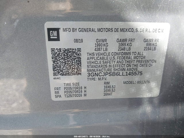 Aukcja sprzedaży 2020 Chevrolet Trax Awd Lt, vin: 3GNCJPSB6LL145575, numer aukcji: 46124573