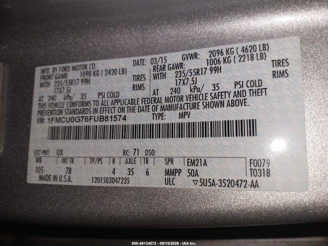 Ford ESCAPE SE 2015 1FMCU0G76FUB81574 Image 9