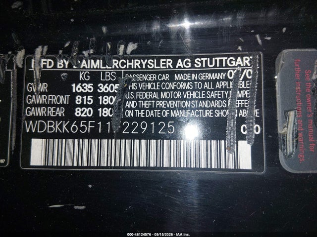 46124576 :رقم المزاد ، WDBKK65F11F229125 vin ، 2001 Mercedes-benz Slk 320 مزاد بيع